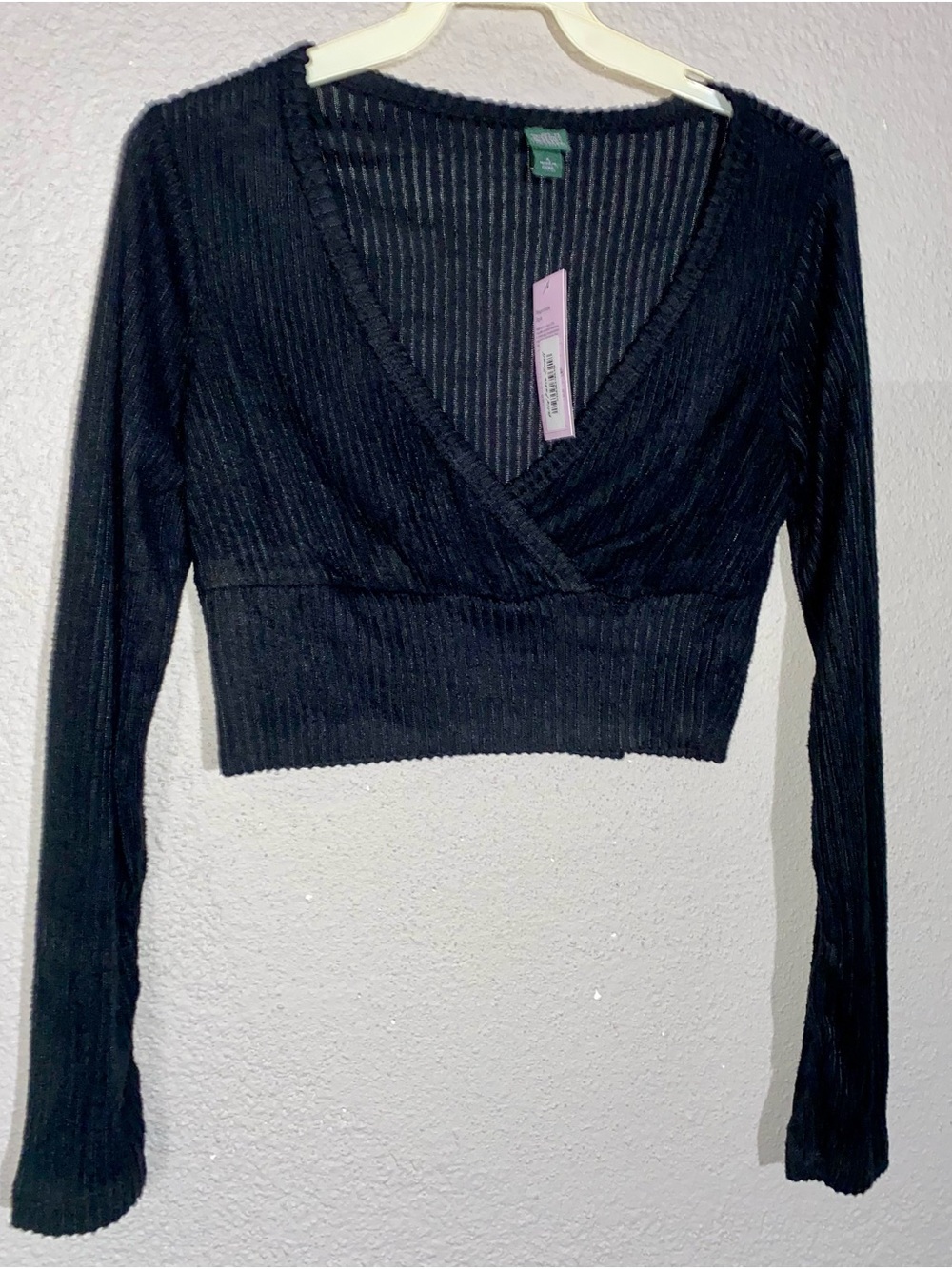 wild fable Black Ribbed V-Neck Long-Sleeve Crop Top